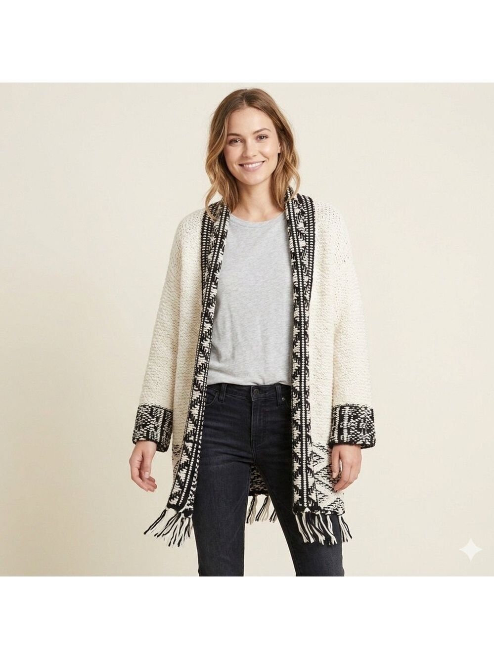 Soft Surroundings Boho Aztec Fringed Cardigan Sweater M Cream Black Festival